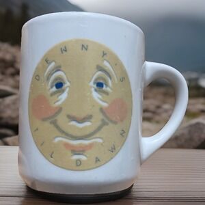 Vtg. READ Denny's‎ Til Dawn Smiling Moon Sun Face Coffee Cup Mug small 1st Date